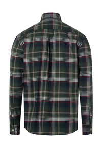Koszula zapinana na guziki z zielonym, granatowym i czerwonym wzorem w kratę. Długie rękawy, kołnierzyk oraz tylny zakładka. Materiał bawełniany o gładkiej fakturze.