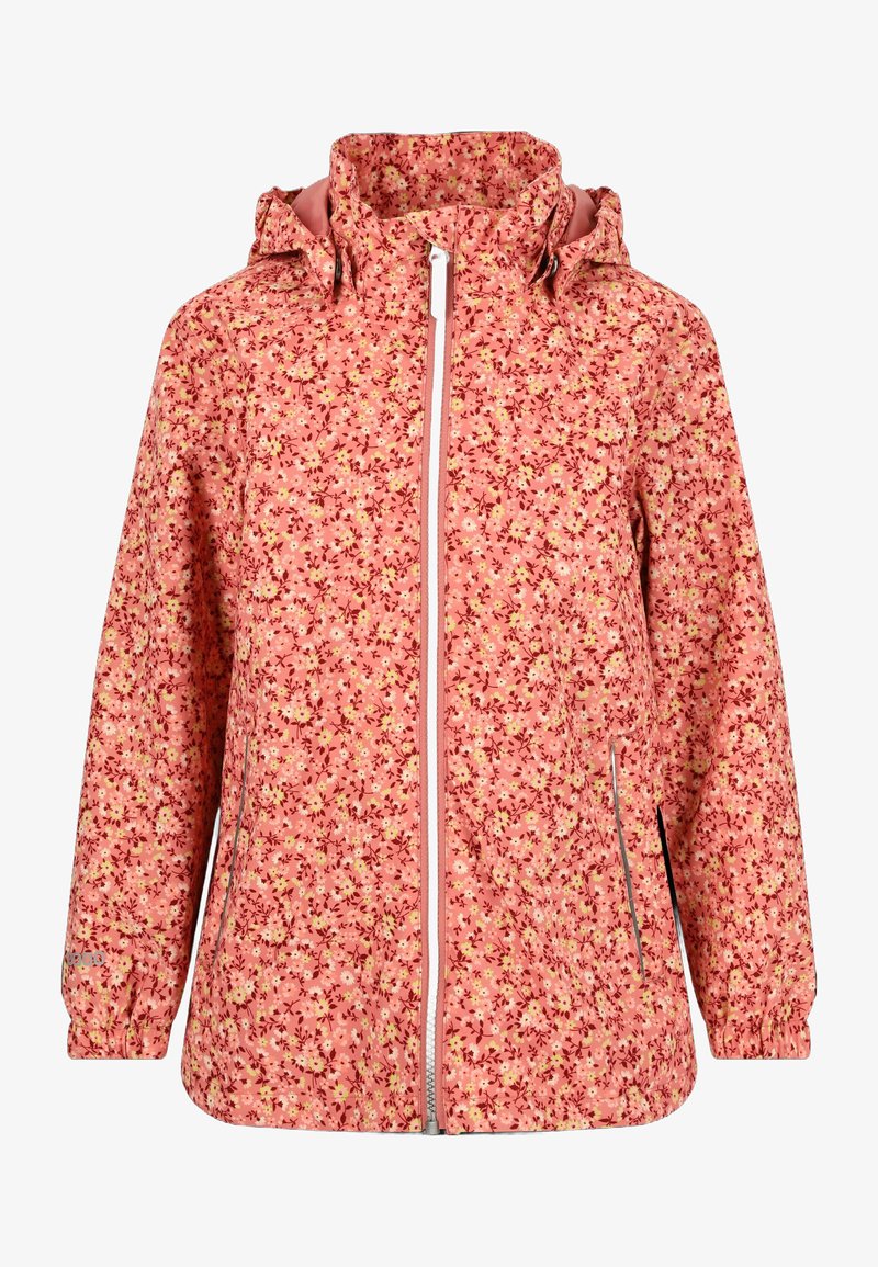 Floral-patterned pink jacket with a hood, full-zip front, elastic cuffs, and side pockets. Material appears lightweight with a smooth texture.