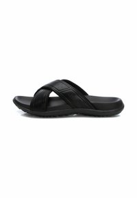 Chanclas negras con una parte superior suave de material sintético, que presentan dos correas cruzadas y una suela de goma texturizada para agarre y comodidad.