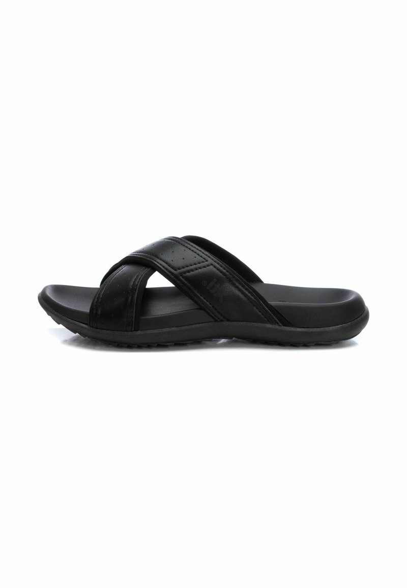 Chanclas negras con una parte superior suave de material sintético, que presentan dos correas cruzadas y una suela de goma texturizada para agarre y comodidad.