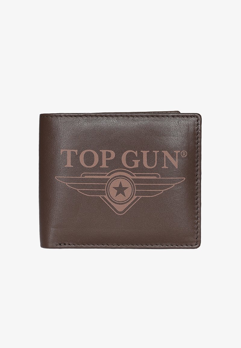 Braunes Lederportemonnaie mit dem Schriftzug "TOP GUN" und einem mit Flügeln versehenen Sternemblem auf der Vorderseite, geschlossen und entlang der Kanten vernäht.