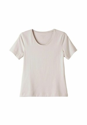Lichtbeige t-shirt met korte mouwen en een ronde hals. Gemaakt van zachte katoen, met een gladde textuur en minimale naden.