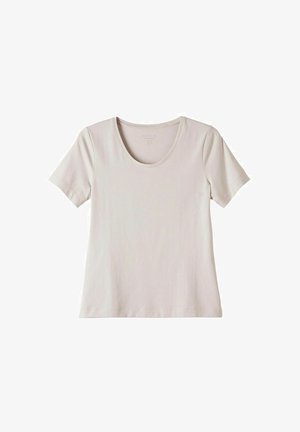 Lys beige kortærmet t-shirt med rund halsudskæring. Lavet af blødt bomuld, med en glat tekstur og minimale sømme.