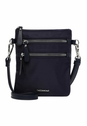 Kleine schwarze Umhängetasche mit zwei vorderen Reißverschlusstaschen, verstellbarem Riemen und silbernem Markenzeichen "EMILY & NOAH" auf der Vorderseite.