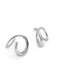 Orecchini a cerchio in argento con una finitura liscia e lucida; caratterizzati da un design a spirale unico e disponibili in diverse dimensioni per un uso versatile.