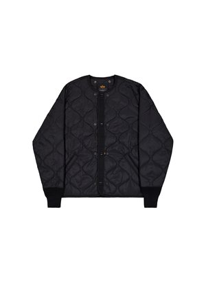 Crni lagani jakna s kvadratičastim uzorkom, s drukerima, okruglim ovratnikom i rebrastim manžetama, položena ravno na bijeloj pozadini.