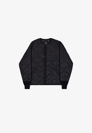 Crni lagani jakna s kvadratičastim uzorkom, s drukerima, okruglim ovratnikom i rebrastim manžetama, položena ravno na bijeloj pozadini.