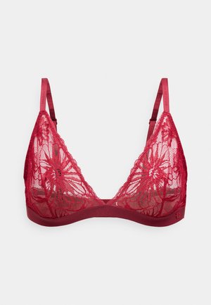 Rotes Spitzen-Bralette mit floralem Stickerei, weichem Stoff, dreieckigen Cups und dünnen, verstellbaren Trägern mit einem matten Band an der Unterseite.