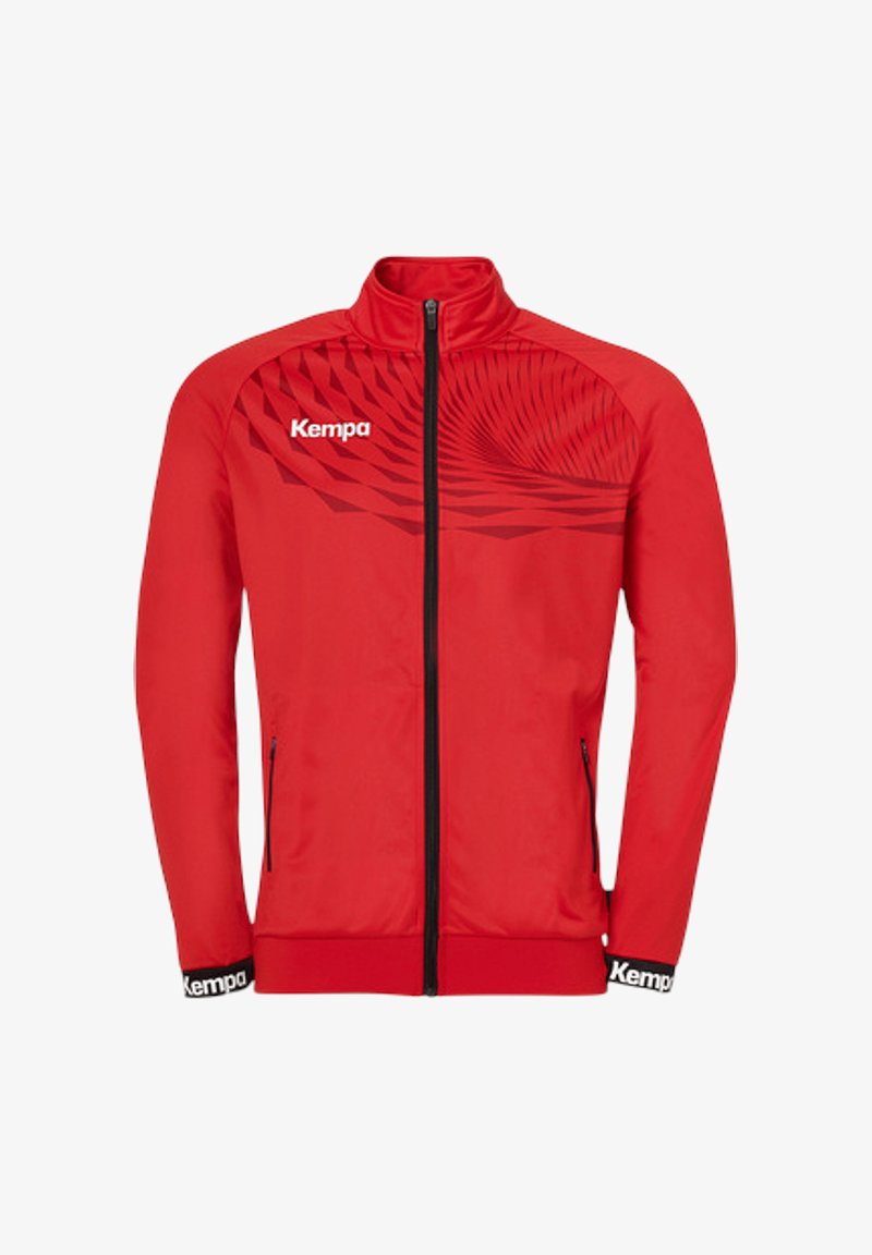 Red athletic jacket with zip closure, high collar, and side pockets. Features a dynamic pattern on the upper left and branded cuffs.