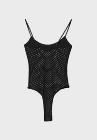 Czarny body na cienkich regulowanych ramiączkach, z siateczkowym wzorem w białe kropki. Gładkie czarne krawędzie wzdłuż dekoltu.