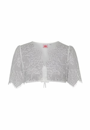 Top court en dentelle blanche avec des manches courtes, présentant un décolleté en V et de délicats accents en frange. Se noue à l'avant pour une fermeture sécurisée.