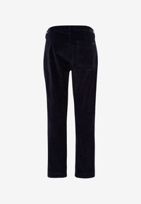 Pantalon en velours côtelé bleu marine à jambes droites, vu de dos avec une poche arrière visible et des passants de ceinture à la taille.