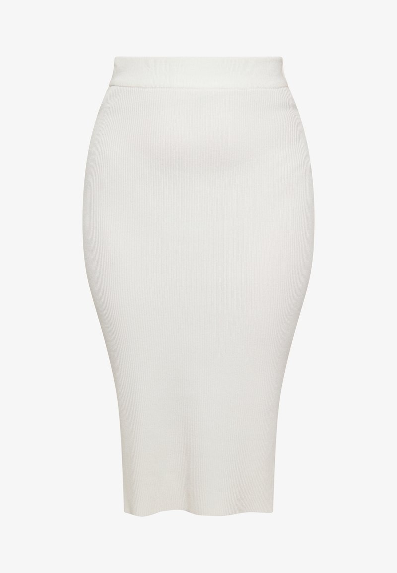Kötött ceruza szoknya puha fehér anyagból, magas derékbőséggel, testhez simuló siluettel és bordázott textúrával az egész hosszában.