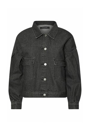 Dunkelgraue Jeansjacke mit langen, gepufften Ärmeln, silbernen Druckknöpfen vorne, zwei Klappentaschen und einem spitzen Kragen.