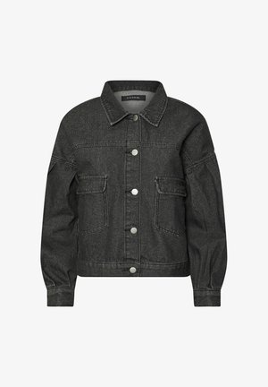 Dunkelgraue Jeansjacke mit langen, gepufften Ärmeln, silbernen Druckknöpfen vorne, zwei Klappentaschen und einem spitzen Kragen.