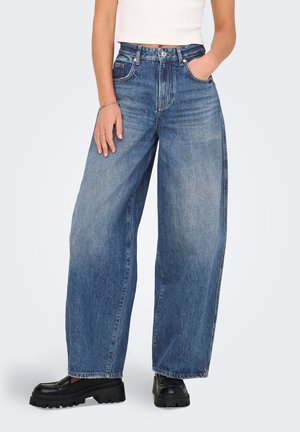 Wide-leg jeans in medium blue denim with a high waist. Features five pockets, belt loops, and visible stitching. Smooth texture.