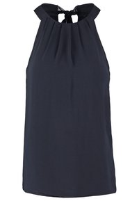 Top halter azul marino hecho de tela ligera, con un escote fruncido, cierre de lazo en la parte posterior y una textura suave.