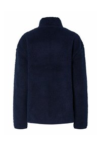 Mörkblå fleecejacka med en texturerad, plyschyta, hög krage och långa ärmar. Ingen synlig hårdvara eller detaljer.