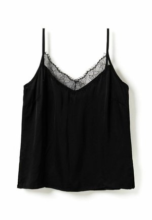 Mustast satiinist kamisoltop, millel on õhukesed rihmad ja V-kaelus, mis on kaunistatud lillemustrilise pitsikirjaga.