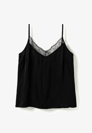 Haut caraco en satin noir avec fines bretelles et décolleté en V orné de détails en dentelle florale.