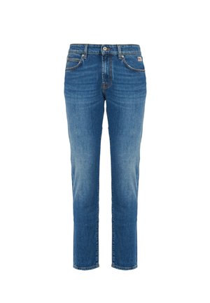 Jeans in denim blu con bottoni e zip frontali, stile a cinque tasche, leggermente sbiaditi da metà coscia al ginocchio, vestibilità dritta.