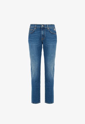 Jeans in denim blu con bottoni e zip frontali, stile a cinque tasche, leggermente sbiaditi da metà coscia al ginocchio, vestibilità dritta.