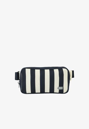 Suorakaiteen muotoinen mustavalkoraidallinen kangaspussi vetoketjulla ja säädettävällä hihnalla, suunniteltu pienten henkilökohtaisten tavaroiden kuljettamiseen.