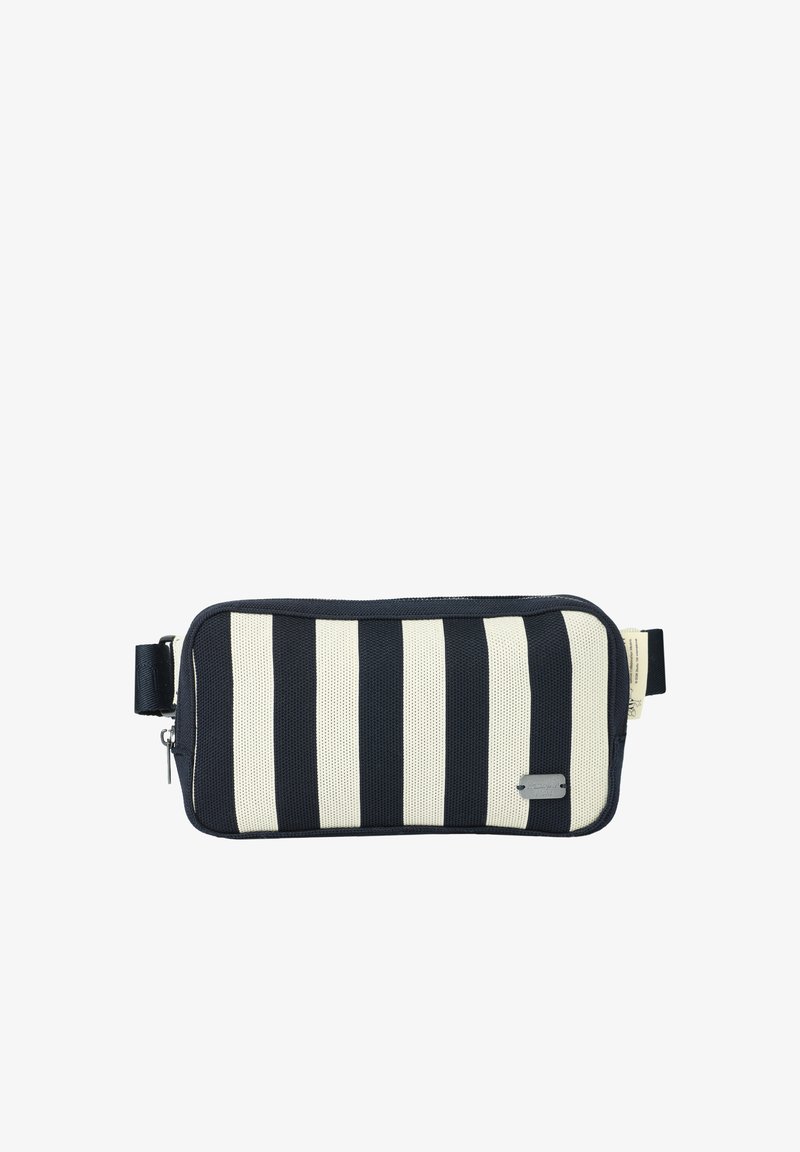 Pochette rectangulaire en tissu rayé noir et blanc avec fermeture éclair et sangle réglable, conçue pour transporter de petits objets personnels.