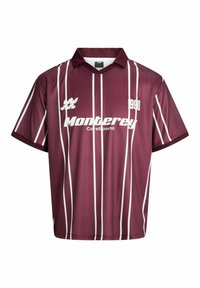 Maroon short-sleeve sports shirt with white vertical stripes, collar, and text "Monterey CoreSport©" and "1990" on the front.