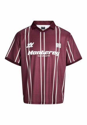 Maroon short-sleeve sports shirt with white vertical stripes, collar, and text "Monterey CoreSport©" and "1990" on the front.