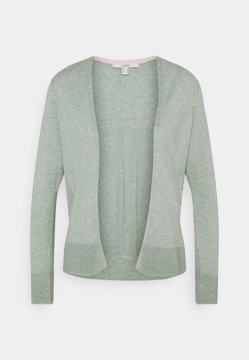 Cardigan vert clair ouvert sur le devant, manches longues, poignets et bas côtelés, présenté sur fond blanc.