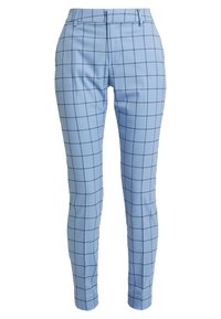 Light blue checkered trousers with a fitted design, featuring a pattern of dark blue squares, smooth texture, and flat front pockets.