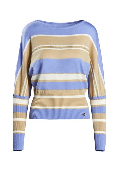 Dryžuotas megztinis mėlynos, smėlinės ir baltos spalvų, su išlenktu iškirpimu, susiraukšlėtais rankogaliais ir juosmeniu, su auksinėmis akcentinėmis juostelėmis detalėms.