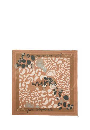 Foulard quadrato con motivi astratti di stampa animalier e il testo "Anekke la tua unicità" in toni neri e beige.