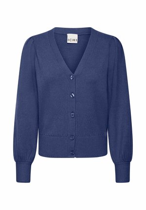 Mørkeblå cardigan med v-hals, knaplukninger og puffede ærmer. Fremstillet af blødt strikket stof med ribbet manchetter og kant.