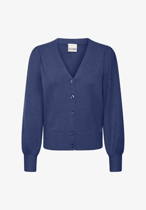 Mornarsko plavi kardigan s V-izrezom, kopčanjem na gumbe i napučenim rukavima. Izrađen od mekog pletenog materijala s rebrastim manžetama i rubom.
