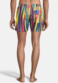 Kleurige gestreepte zwembroek met verticale lijnen in tinten van roze, geel, groen en blauw, met een elastische tailleband en zijzak.