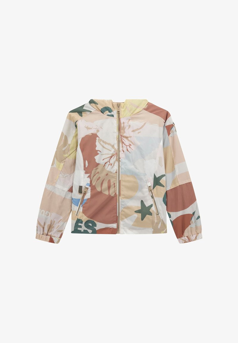 Lengvas gobtuvu džemperis, pagamintas iš pastelinių spalvų mišinio ir abstrakčių gėlių raštų. Yra su priekiniais užtrauktukais ir elastinėmis rankovėmis.