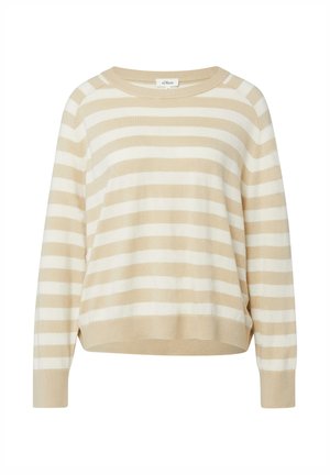 Beżowy i biały sweter na długi rękaw w poziome paski, wykonany na drutach, z okrągłym dekoltem oraz ściągaczami na mankietach i dole.