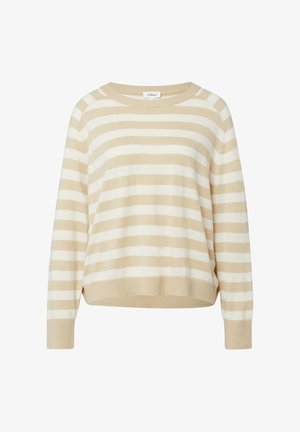 Beige and white horizontal striped long-sleeve knit sweater with crew neckline and ribbed cuffs and hem.