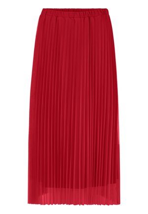 Red színű, pleátos midi szoknya, könnyű anyagból készült. Gumis derekú, és folyékony, textúrált formatervezéssel rendelkezik, függőleges redőkkel.