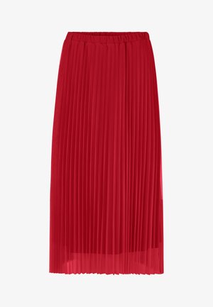 Pleated red midi skirt made of lightweight fabric. Features an elastic waistband and a flowing, textured design with vertical pleats.