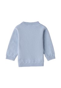 Hellblau gestrickter Pullover mit geripptem Kragen und Bündchen. Verziert mit dekorativen Nähten am Saum. Weiche Textur und lockere Passform.