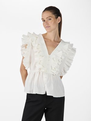 White blouse with ruffled sleeves, V-neckline, and button closure. Features a textured fabric and a gathered waist for a relaxed fit.