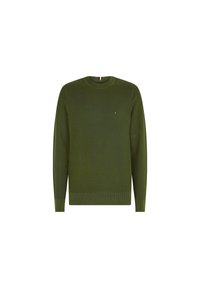 Grüner Strickpullover mit Rundhalsausschnitt, der ein strukturiertes Muster und einen kleinen Logoakzent auf der Brust aufweist. Standardpassform und lange Ärmel.