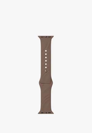 Cinturino in silicone marrone per smartwatch con più fori di regolazione e fibbia in metallo, mostrato disteso su sfondo bianco.