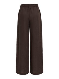 Pantalon marron foncé à jambes larges avec une taille élastique et une finition en tissu texturé, présenté de dos sur fond blanc.