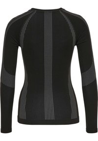 Camisa atlética de manga larga negra con rayas verticales blancas con puntos en la espalda, hombros, lados y mangas.