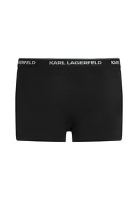 Bóxer negro hecho de tela suave, con una cinturilla elástica ancha que presenta el logo "KARL LAGERFELD" en letras blancas contrastantes.