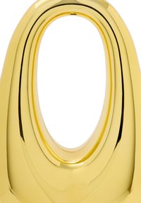 Guldkeramisk vas med en slät, reflekterande yta, som har en bred, oval öppning och en rundad, modern form.
